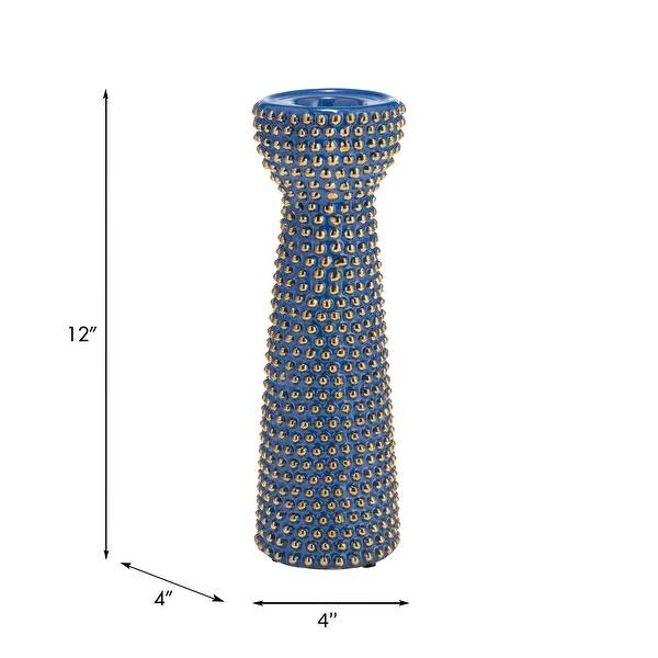 12" Ceramic Candle Holder Navy Blue and Gold Spiked Design Contemporary